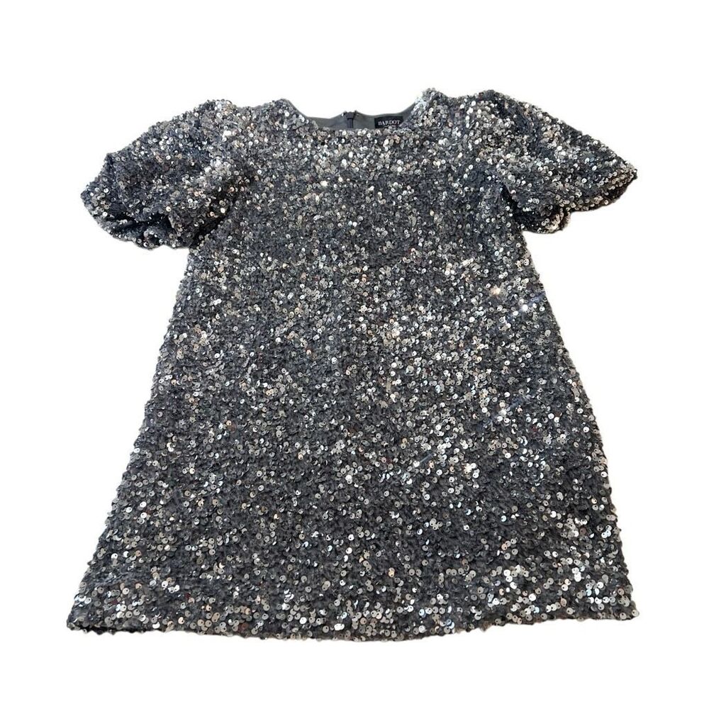 BARDOT Junior Girls Giselle Sequin Velour Puffed Sleeve Mini Dress Silver Size 8